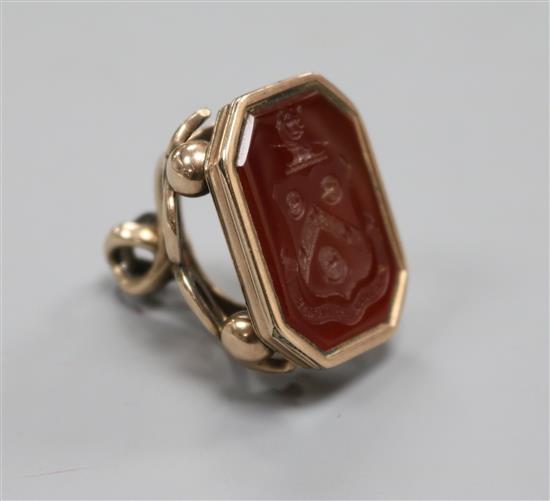 A large Georgian yellow metal overlaid and carnelian set fob seal, with crested matrix, 35mm.